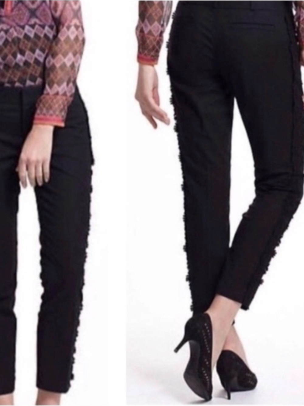 Anthropologie Black Straight Leg Ankle Pants with floral lace trim